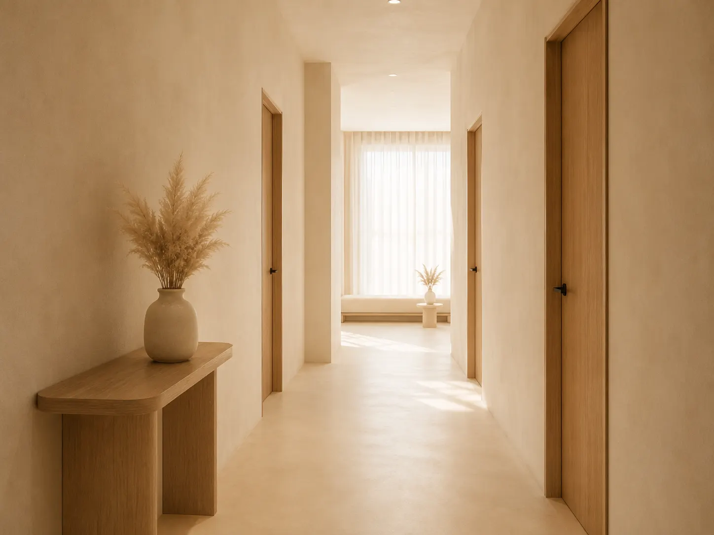 Pasillo interior de la clínica, con paredes en tono crudo, puertas de roble claro y luz natural entrando al fondo